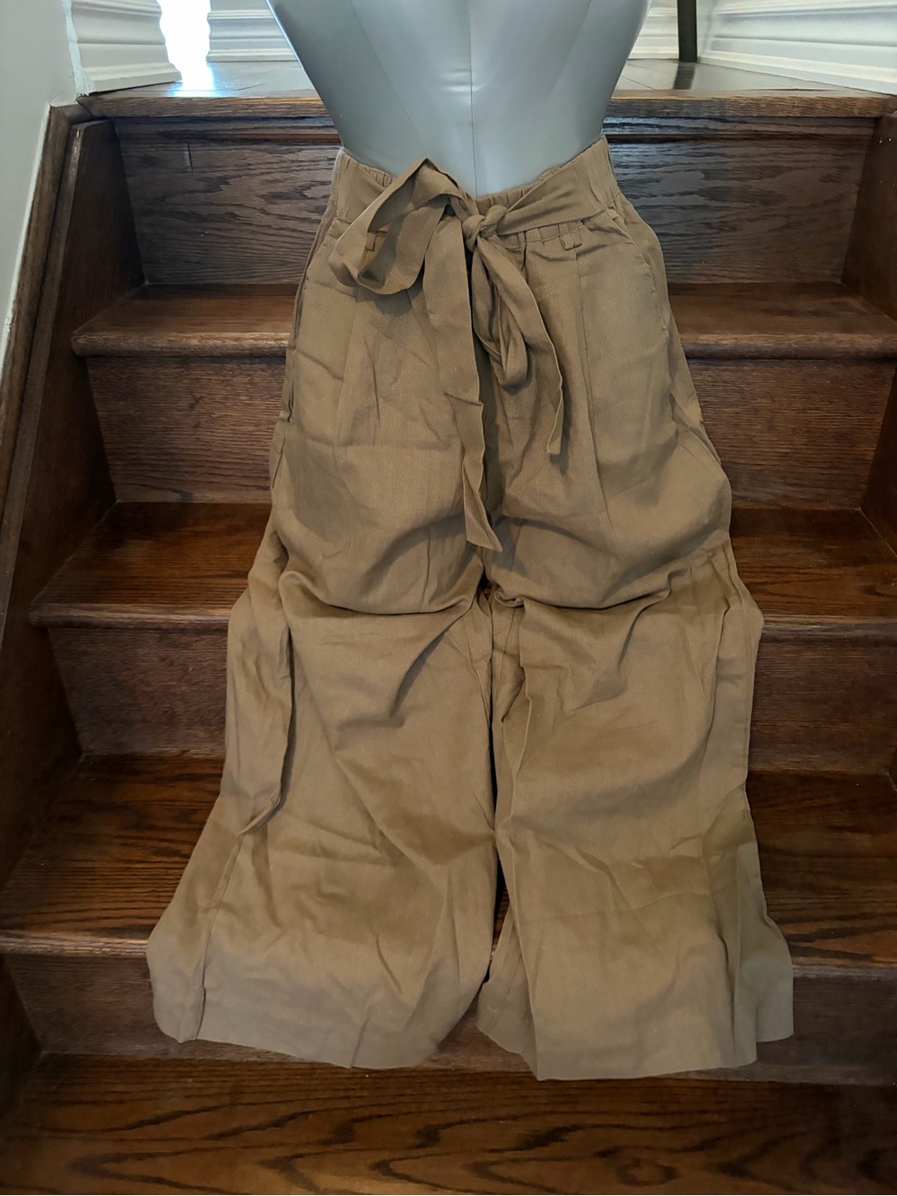 High Waist Tie-Front Wide Leg Pants - Khaki